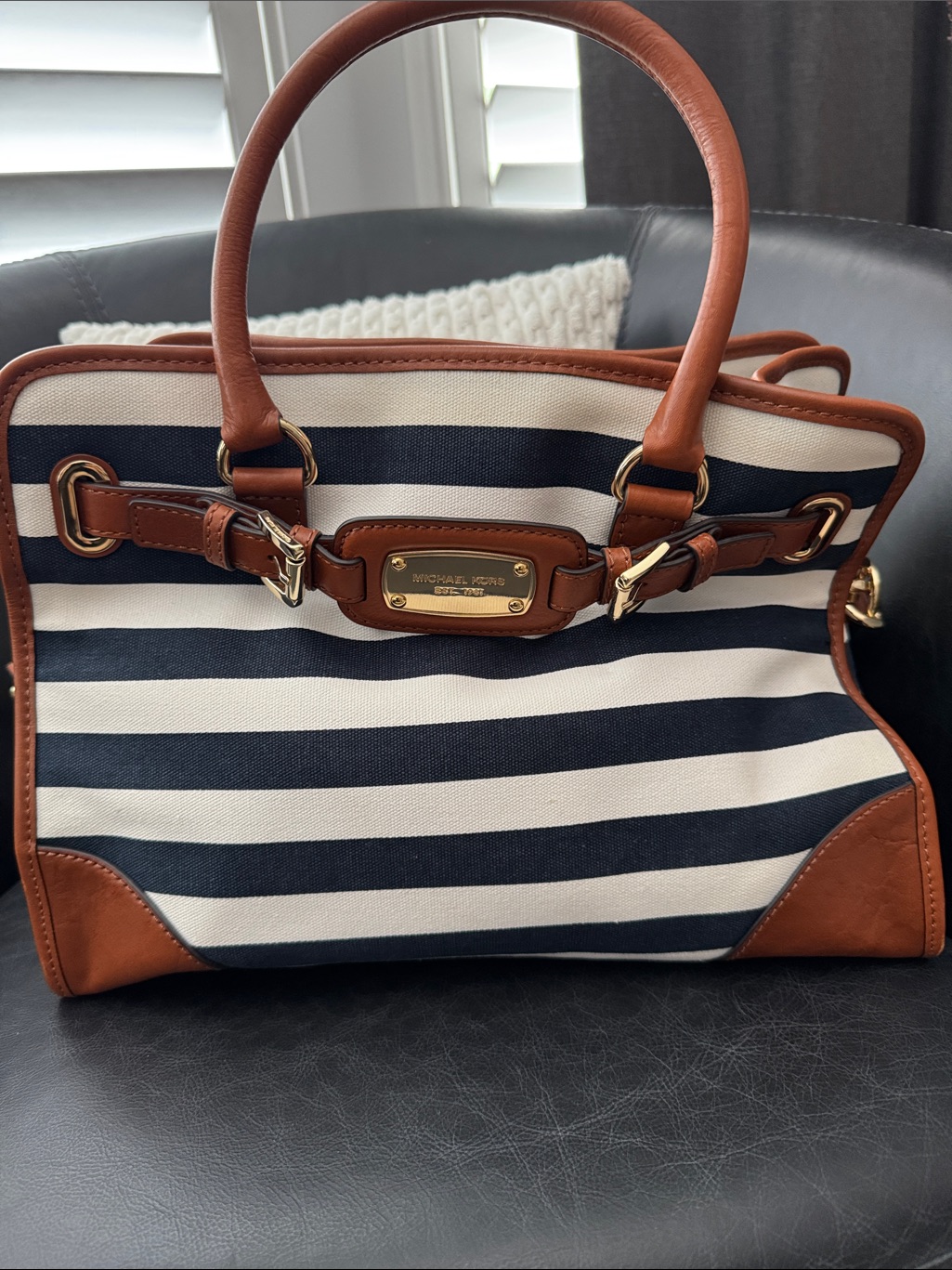 Michael Kors Navy & White Striped Canvas Satchel With Brown Leather Trim